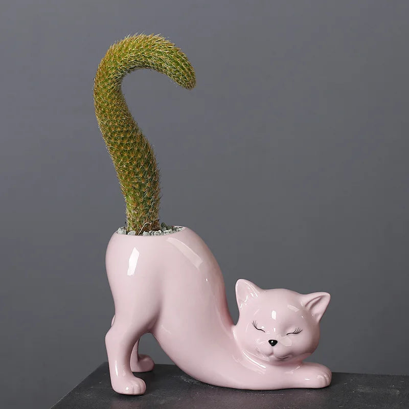 Stretching Cat Succulent Cactus Planter Pot