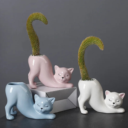 Stretching Cat Succulent Cactus Planter Pot